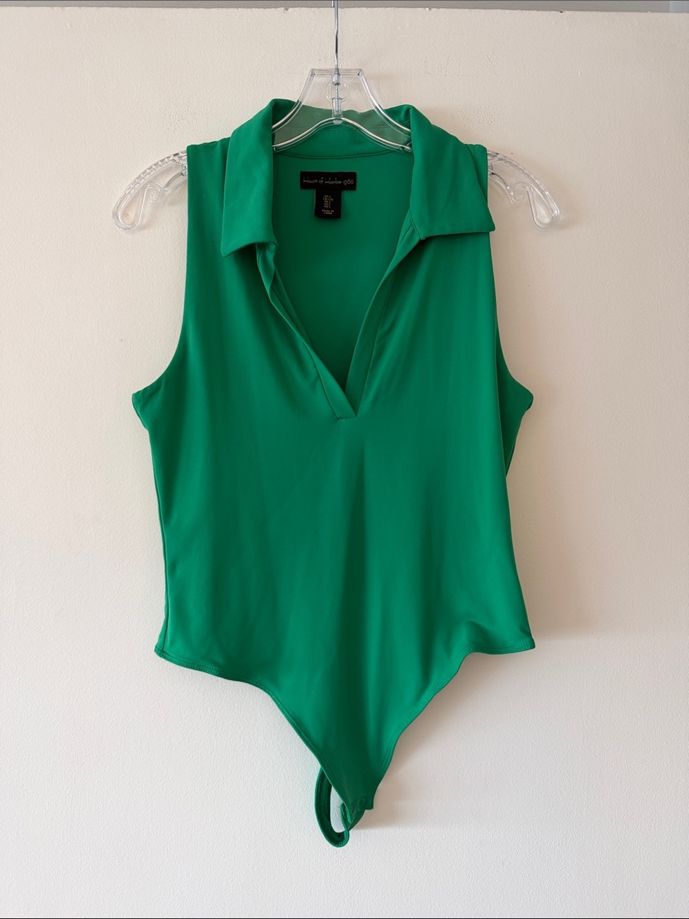 House of Harlow 1960 Green Collared Sleeveless Bodysuit Size L V-Neck Thong